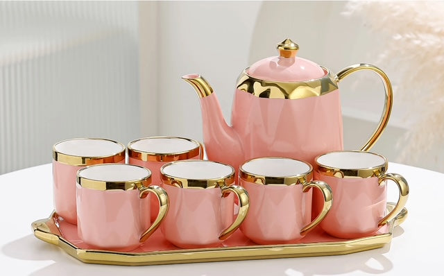 Enjoy Your Luxury Pink Tea Set – 7 Cups, Kettle & Tray