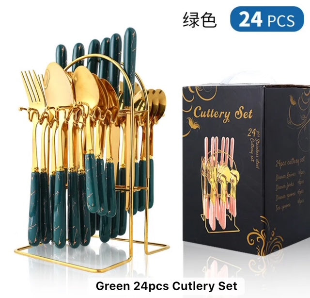 Luxury 24-Piece Stainless Steel Flatware Set – Pink Handles