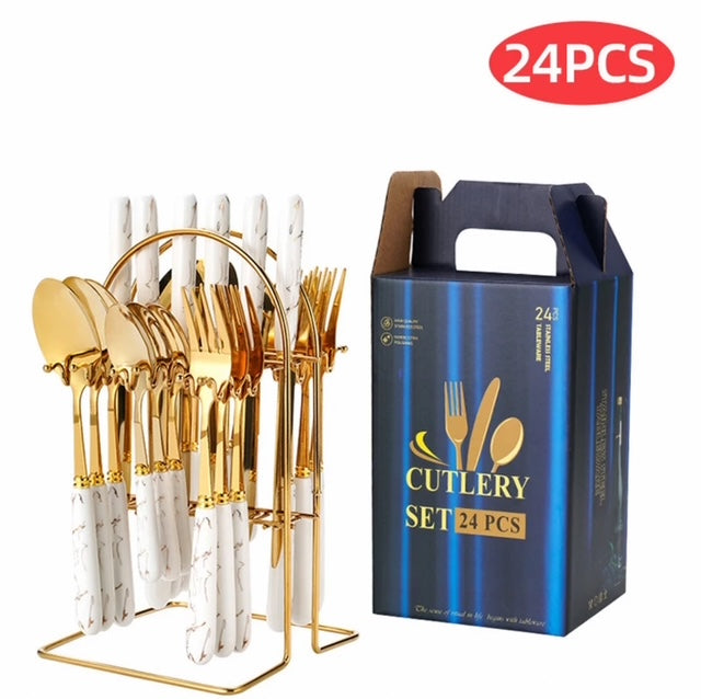 Luxury 24-Piece Stainless Steel Flatware Set – Pink Handles