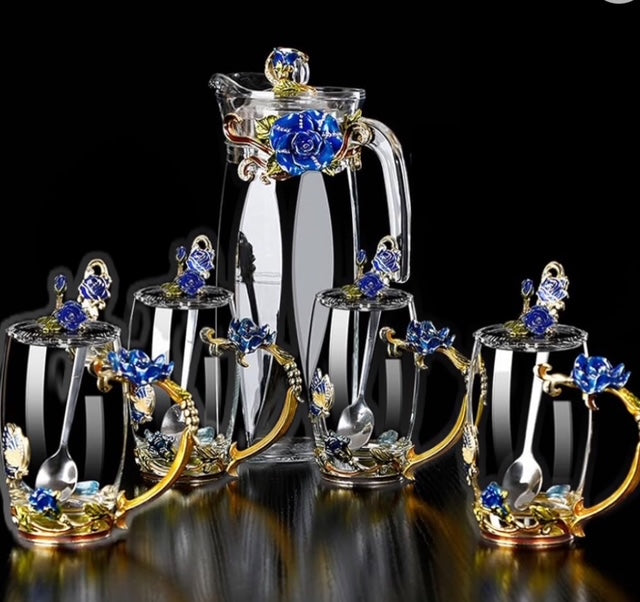 Fancy 3D Enamel Tea Set – Teapot & Cups (Blue)