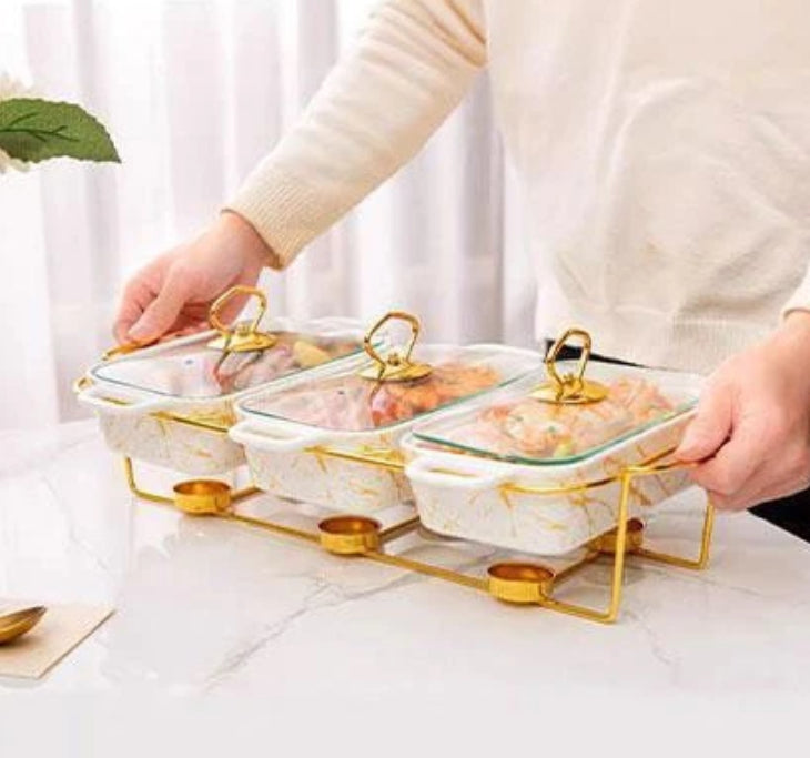 3-Bowl Set Ceramic Chafing Dish – Stainless Steel Frame with Glass Lids