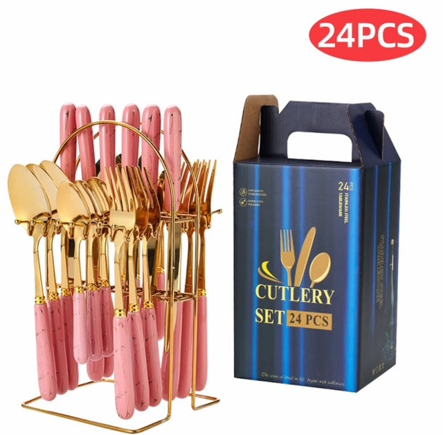 Luxury 24-Piece Stainless Steel Flatware Set – Pink Handles
