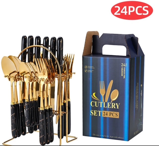 Luxury 24-Piece Stainless Steel Flatware Set – Pink Handles