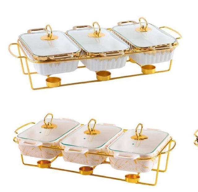 3-Bowl Set Ceramic Chafing Dish – Stainless Steel Frame with Glass Lids