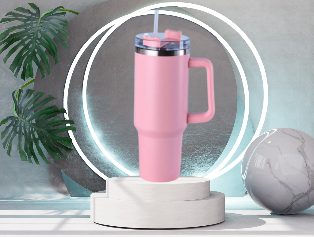 40 oz White Tumbler – Handle & Straw, Portable Drinkware