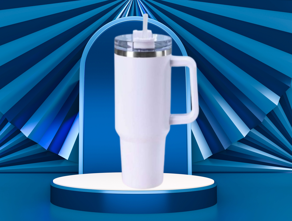 40 oz White Tumbler – Handle & Straw, Portable Drinkware