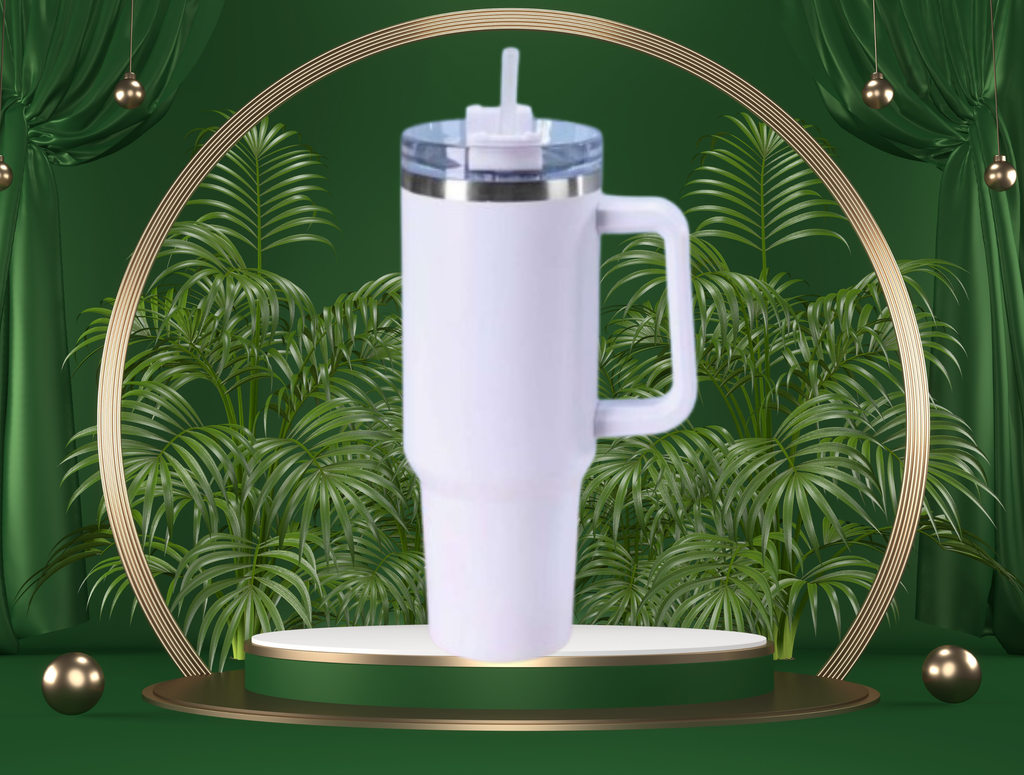 40 oz White Tumbler – Handle & Straw, Portable Drinkware