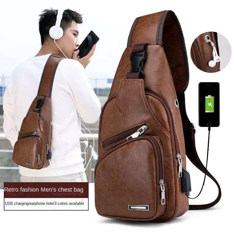 Mens Chest Bag With Headphone Jack Usb Shoulder Strap