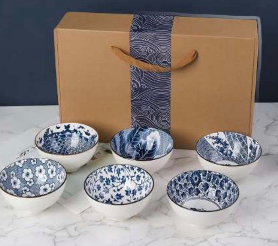 Ceramic Rice Bowls – 10 oz, Blue & White, Pack of 6