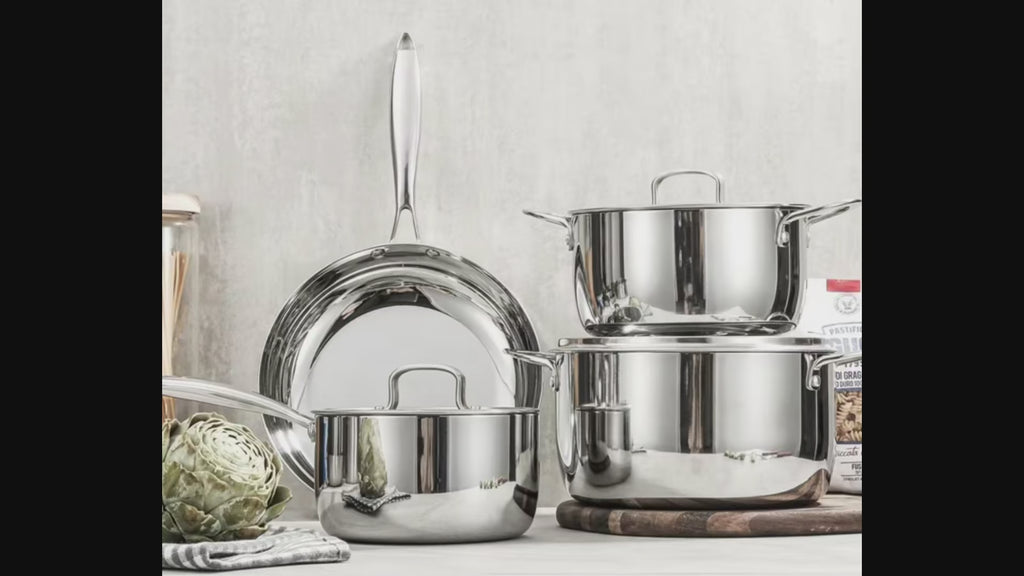 7-piece tri-ply stainless steel cookware set used for everyday cooking