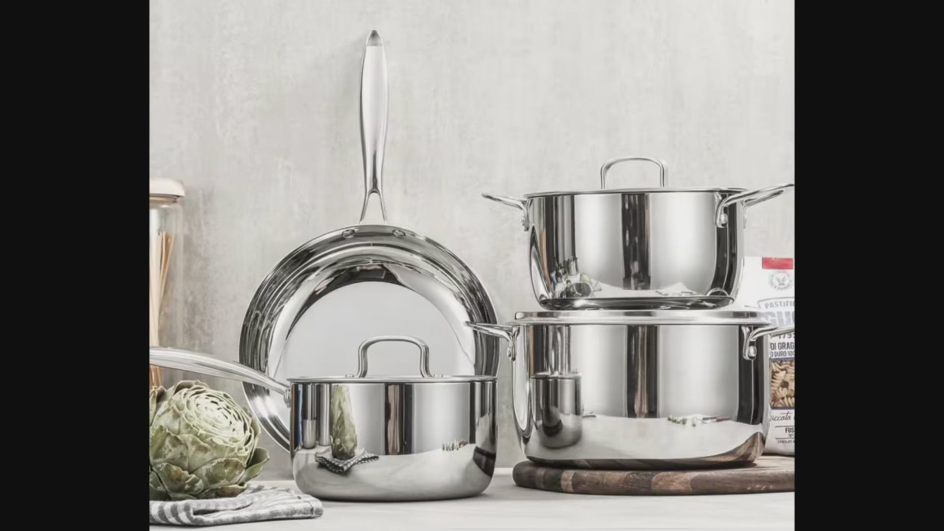 7-piece tri-ply stainless steel cookware set used for everyday cooking